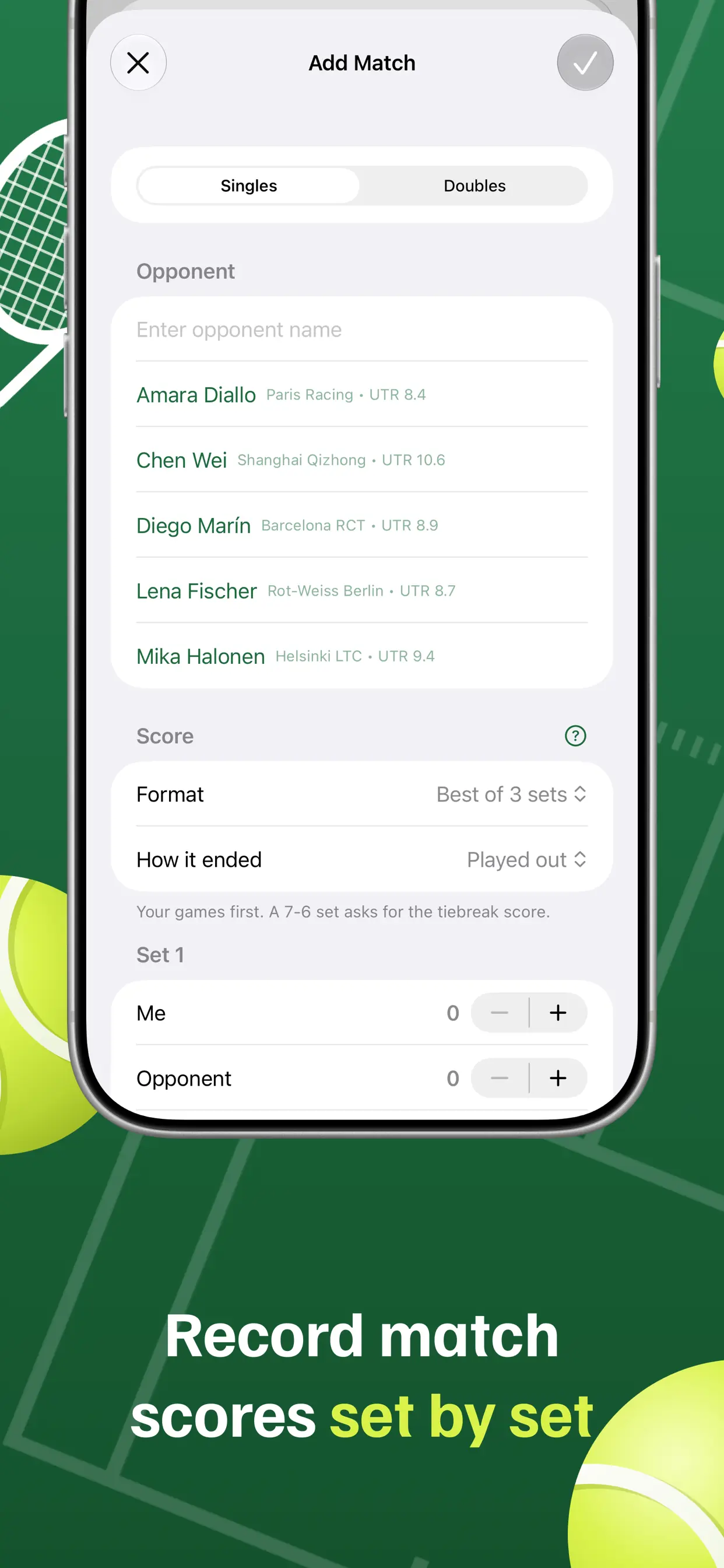 Recording a match score set by set